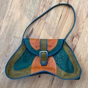 Handtooled Green & Tan Leather Shoulder Bag with Buckle Accent